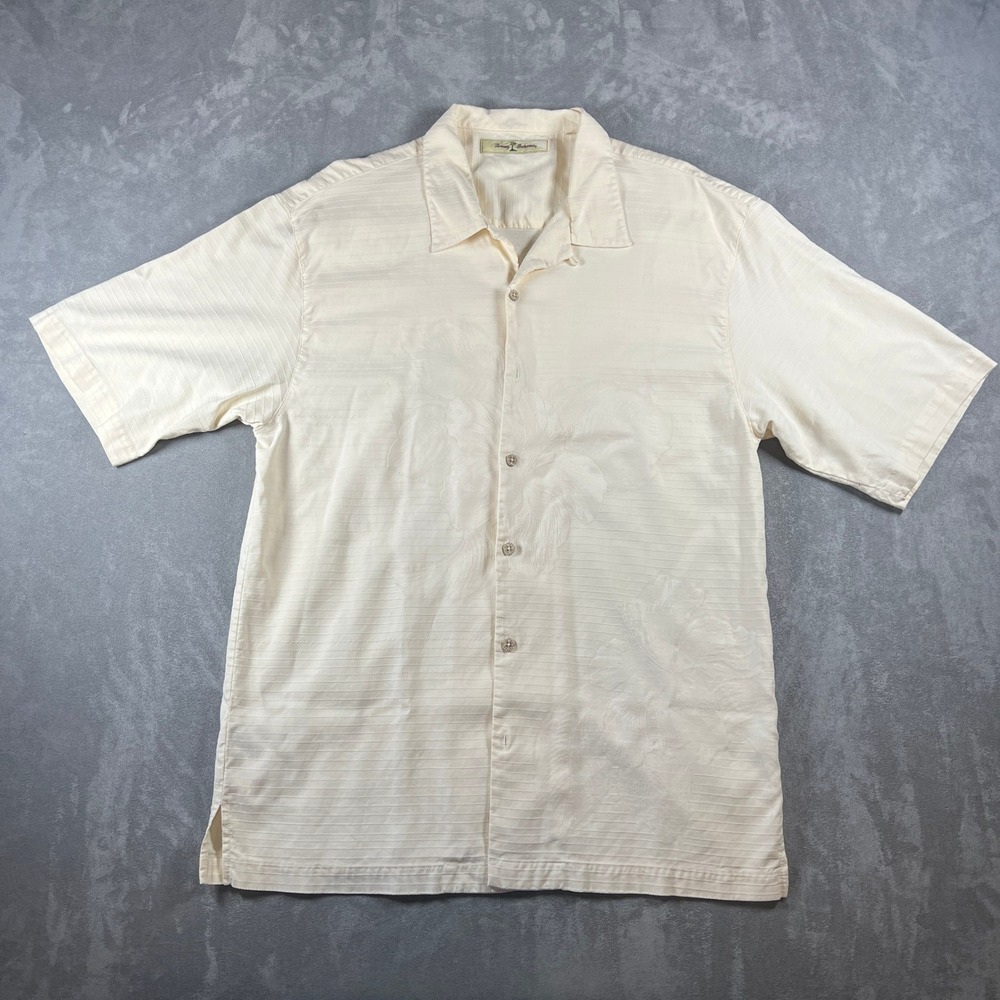 Tommy Bahama Mens Cream Tonal Floral Jacquard Silk Blend Camp Shirt